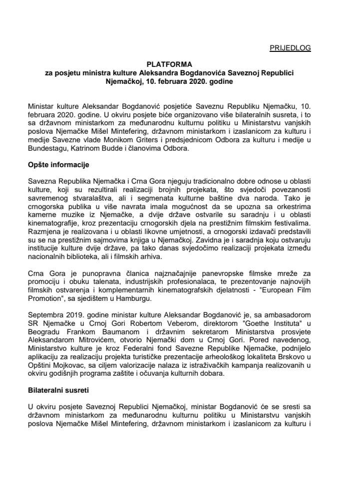 Predlog platforme za posjetu Aleksandra Bogdanovića, ministra kulture, Saveznoj Republici Njemačkoj, 10. februara 2020. godine