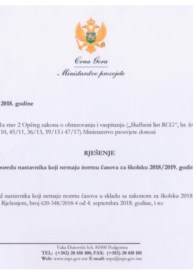 Rješenje o rasporedu nastavnika koji nemaju normu časova za 2018-2019