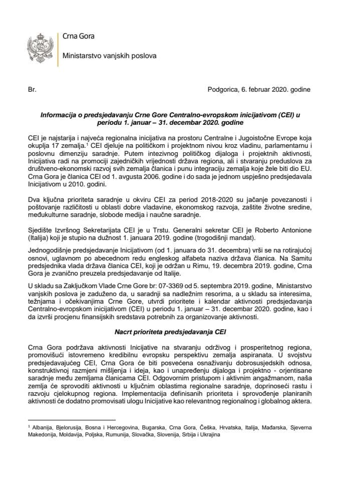 Информација о предсједавању Црне Горе Централно-европском иницијативом (ЦЕИ) у периоду 1. јануар - 31. децембар 2020. године