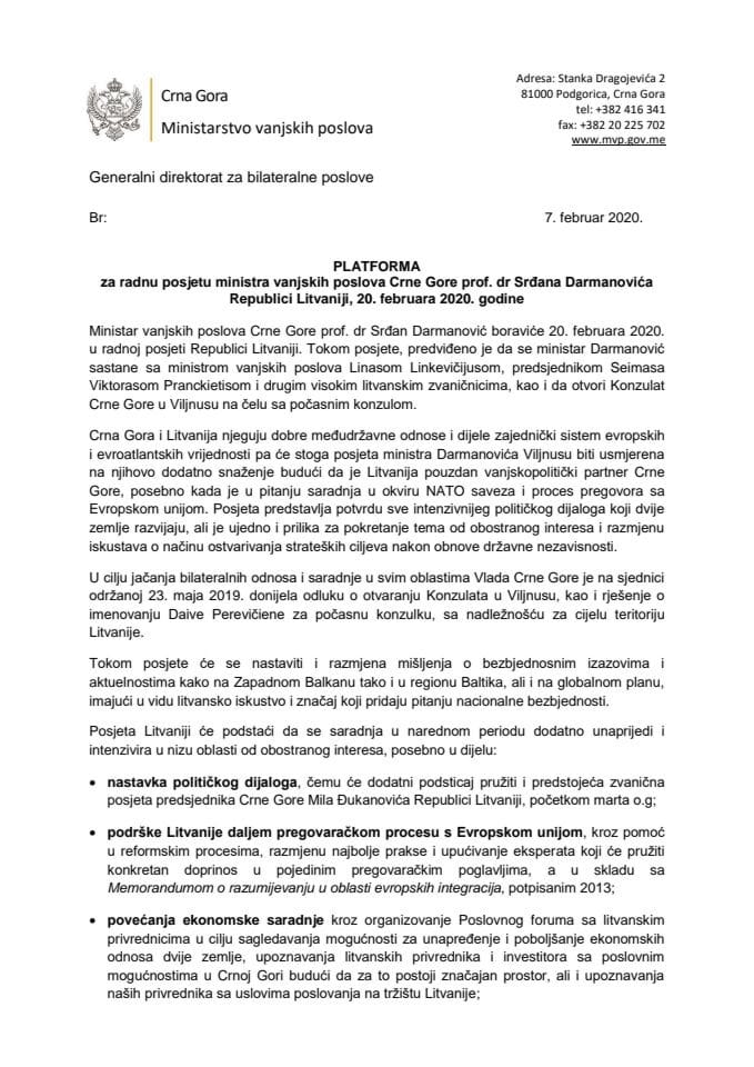 Predlog platforme za radnu posjetu prof. dr Srđana Darmanovića, ministra vanjskih poslova, Republici Litvaniji, 20. februara 2020. godine (bez rasprave)
