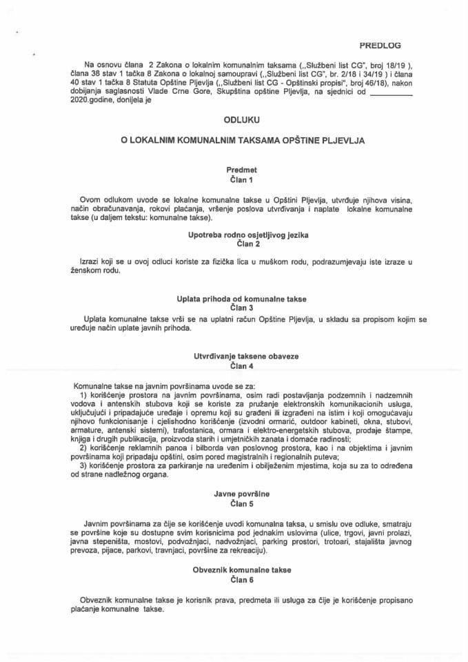 Predlog odluke o lokalnim komunalnim taksama Opštine Pljevlja (bez rasprave)