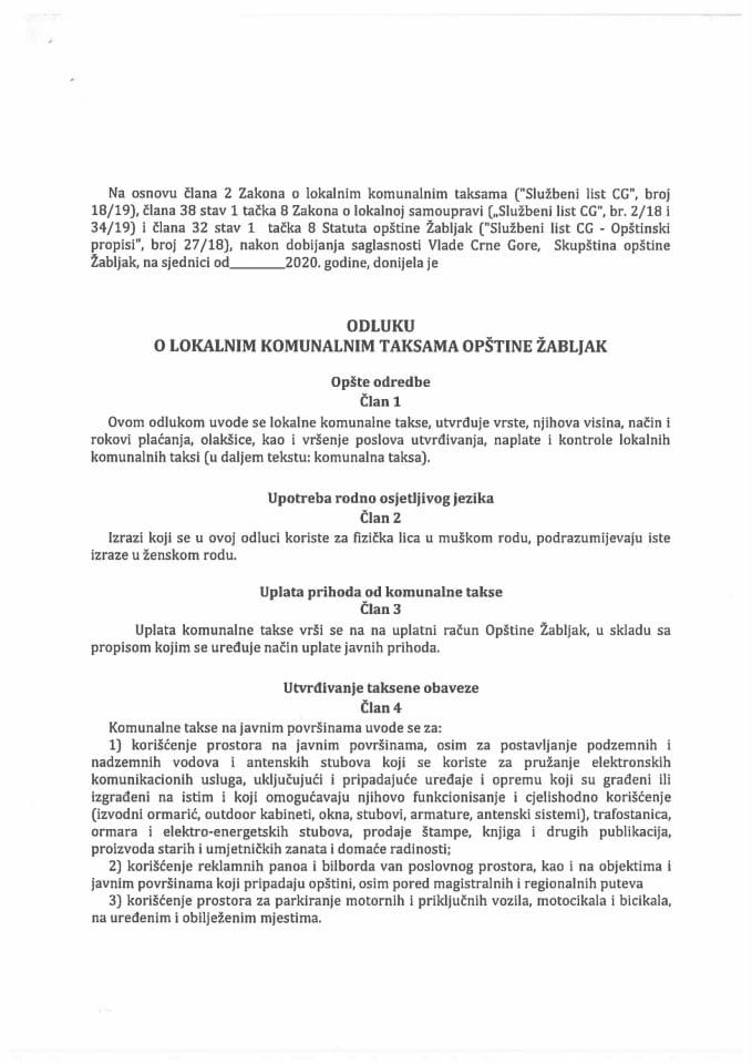 Predlog odluke o lokalnim komunalnim taksama Opštine Žabljak (bez rasprave) 