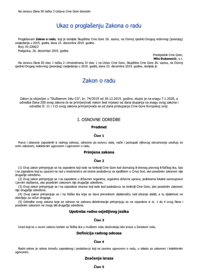 Zakon o radu - "Službeni list CG", br. 74/2019 od 30.12.2019. godine