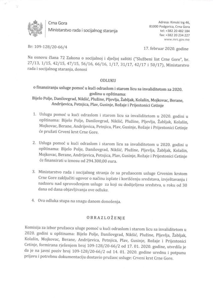 Odluka o finansiranju usluge pomoć u kući odraslom i starom licu sa invaliditetomza 2020. godinu