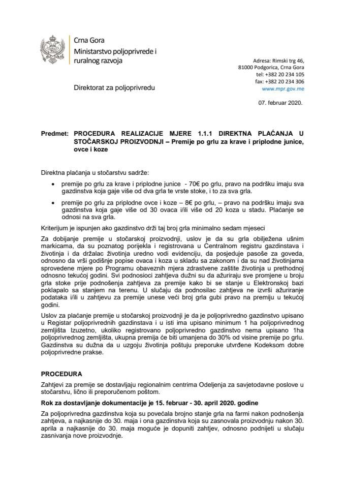 PROCEDURA REALIZACIJE MJERE 1.1.1 DIREKTNA PLAĆANJA U STOČARSKOJ PROIZVODNJI – Premije po grlu za krave i priplodne junice, ovce i koze