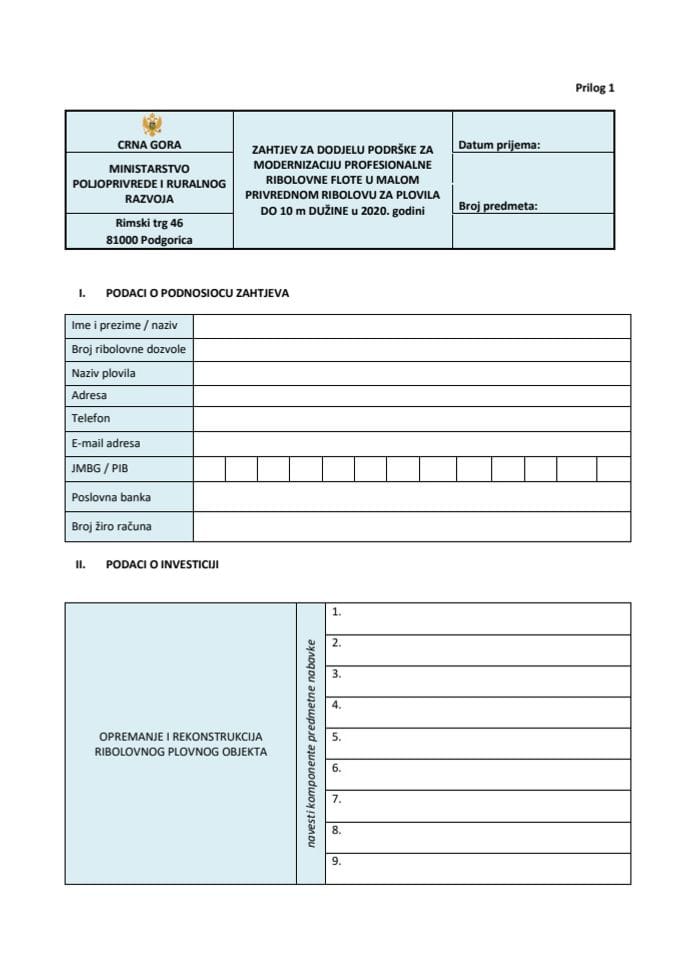 Zahtjev za dodjelu podrške za modernizaciju ribolovne flote u malom privrednom do 10 m dužine za 2020