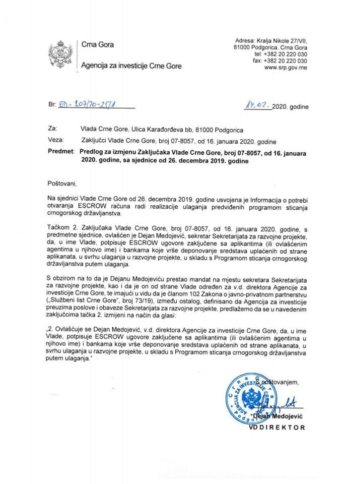 Предлог за измјену Закључака Владе Црне Горе, број: 07-8057, од 16. јануара 2020. године, са сједнице од 26. децембра 2019. године (без расправе)
