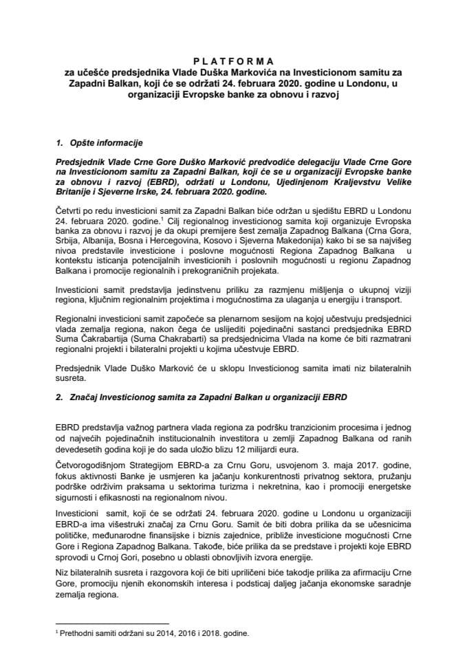 Predlog platforme za učešće predsjednika Vlade Duška Markovića na Investicionom samitu za Zapadni Balkan, 24. februara 2020. godine, u Londonu, u organizaciji Evropske banke za obnovu i razvoj