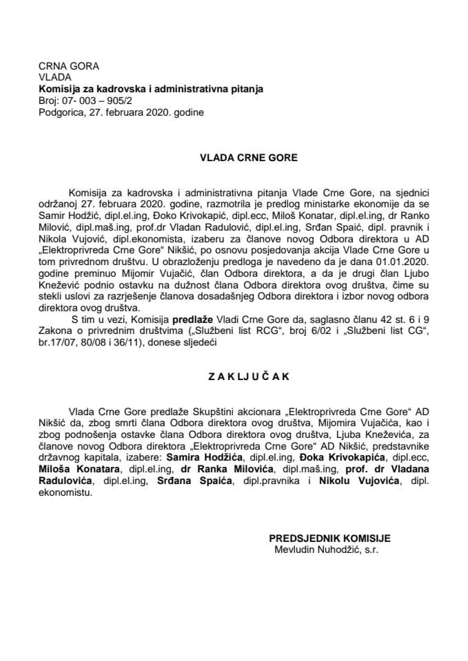 Predlog zaključka o izboru članova Odbora direktora „Elektroprivreda Crne Gore“ AD Nikšić