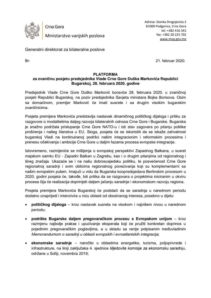 Predlog platforme za zvaničnu posjetu predsjednika Vlade Crne Gore Duška Markovića Republici Bugarskoj, 28. februara 2020. godine