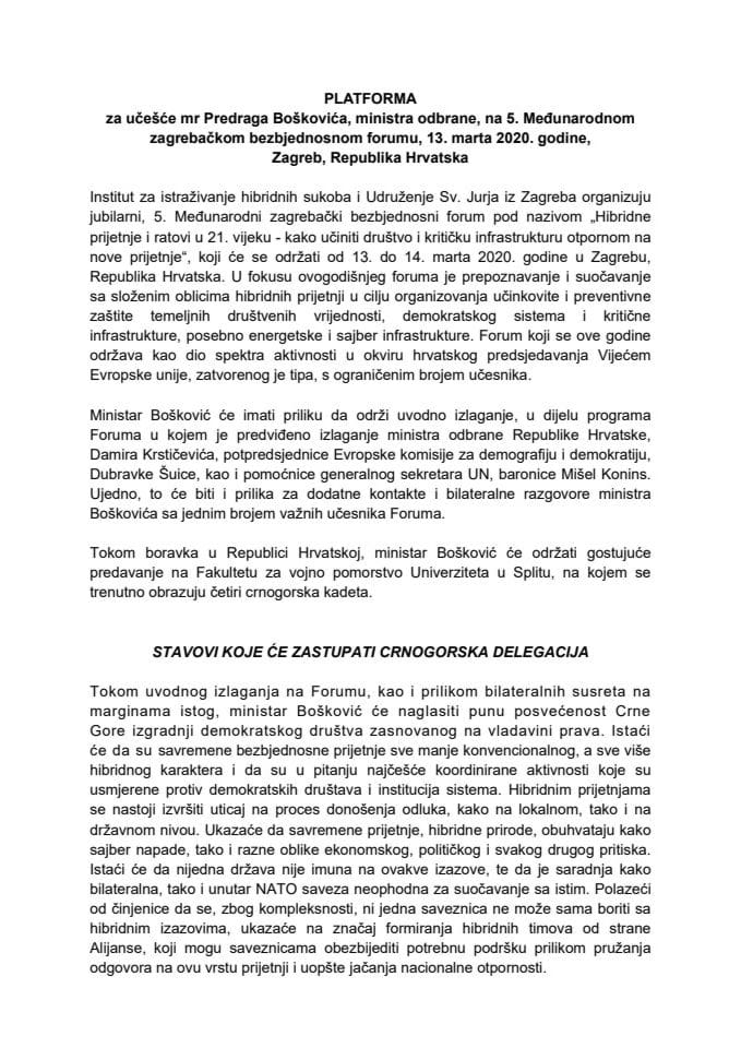 Predlog platforme za učešće mr Predraga Boškovića, ministra odbrane, na 5. međunarodnom zagrebačkom bezbjednosnom forumu, 13. marta 2020. godine, Zagreb, Republika Hrvatska