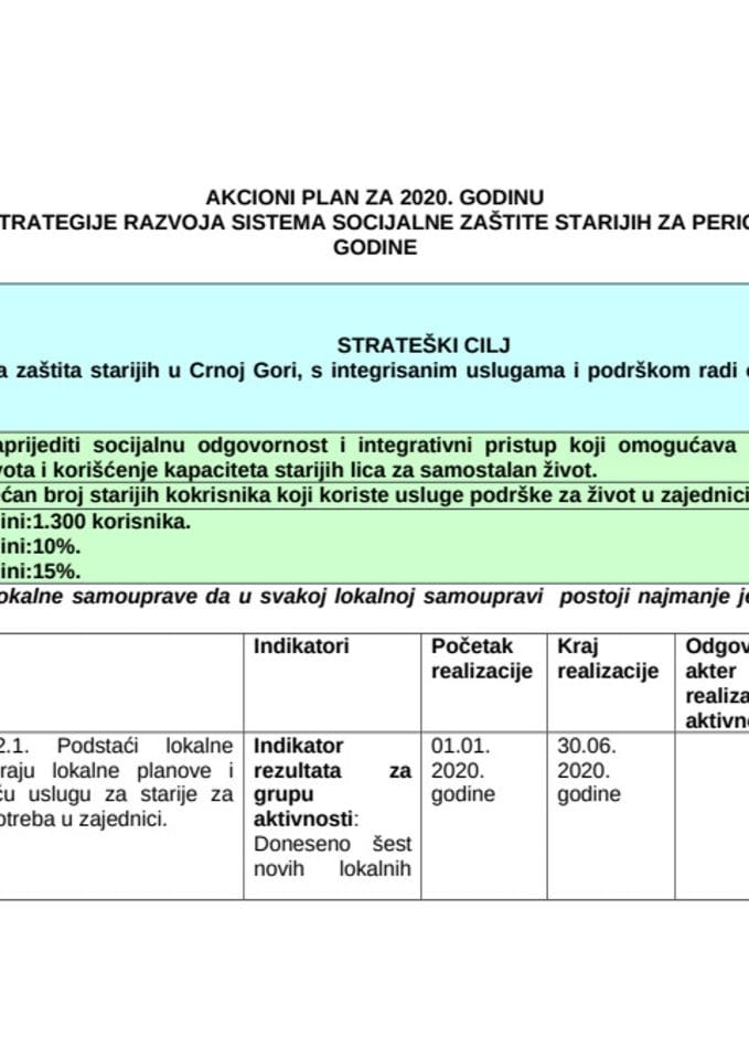 AKCIONI PLAN ZA 2020 Strategija- zaštita starijih