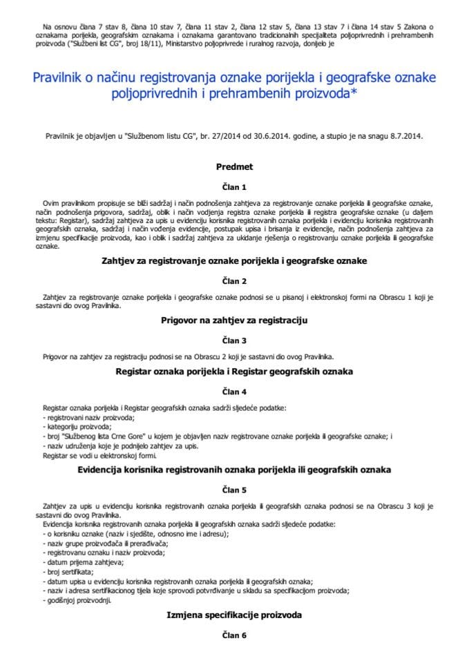 Pravilnik o načinu registrovanja oznake porijekla i geografske oznake poljoprivrednih i prehrambenih proizvoda