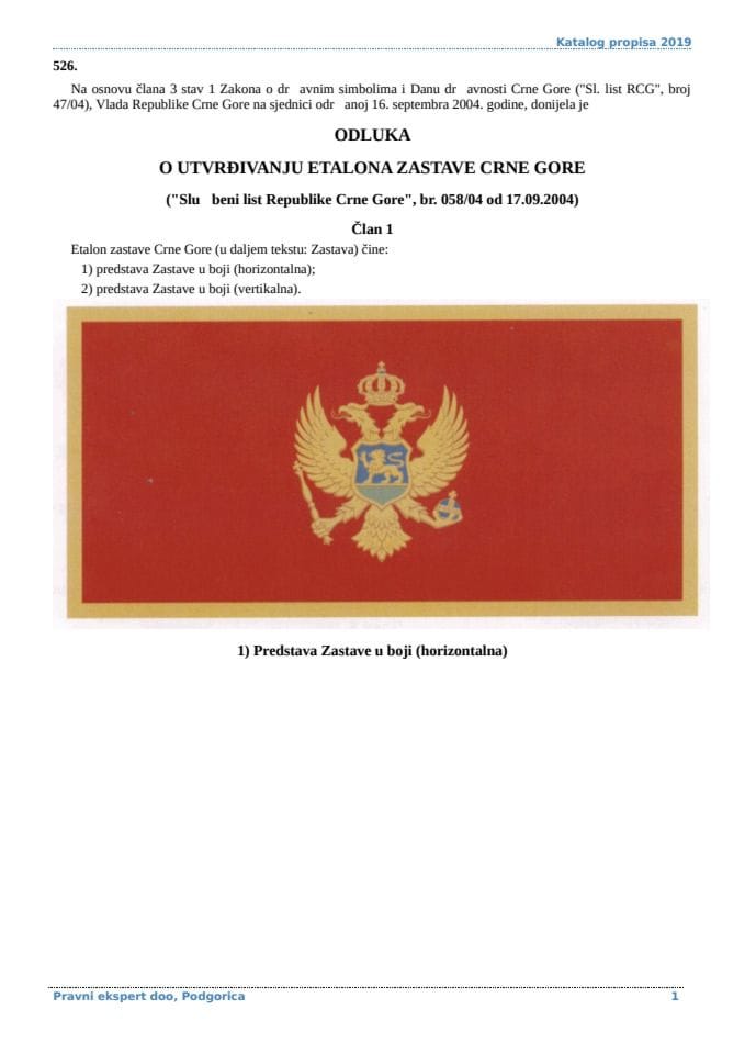 Одлука о утврђивању еталона Заставе Црне Горе