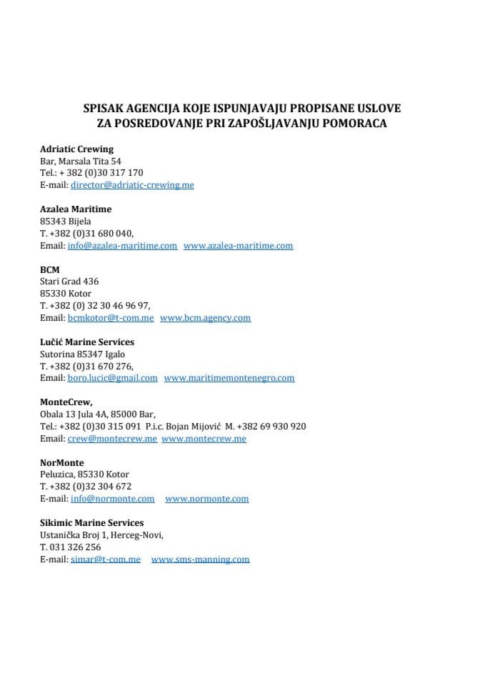 Spisak agencija koje ispunjavaju propisane uslove za posredovanje pri zapošljavanju pomoraca