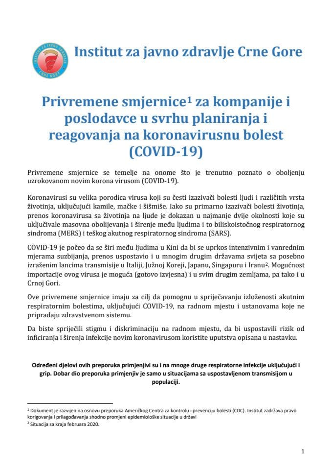 Privremene smjernice za kompanije i poslodavce (COVID-19)