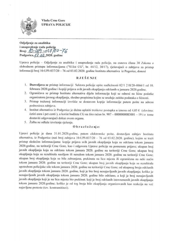 Rjesenje 10 broj UPI-037 20 - 76 od 13.02.2020.godine