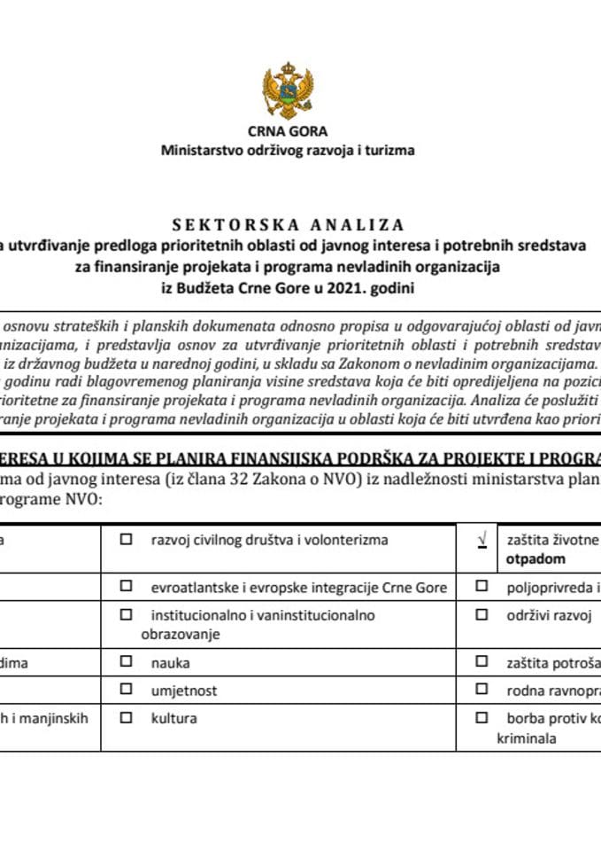 Nacrt - Sektorske analize za utvrđivanje predloga prioritetnih oblasti od javnog interesa i potrebnih sredstava za finansiranje projekata i programa nevladinih organizacija iz Budžeta Crne Gore u 2021