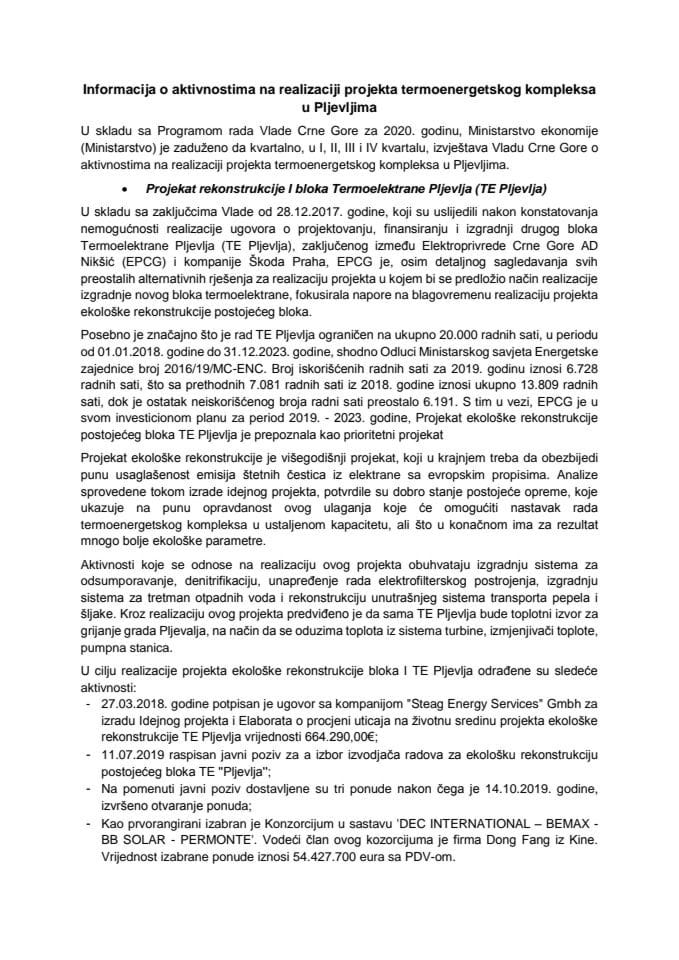 Informacija o aktivnostima na realizaciji projekta termoenergetskog kompleksa u Pljevljima	