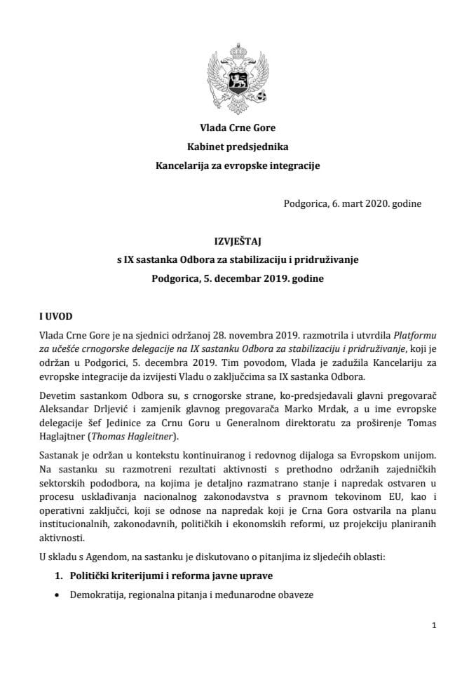 Izvještaj sa IX sastanka Odbora za stabilizaciju i pridruživanje, koji je održan u Podgorici 5. decembra 2019. godine