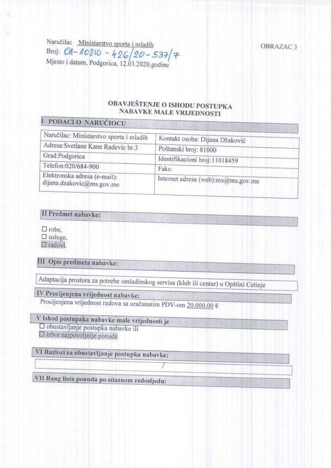 Adaptacija prostora za potrebe omladinskog servisa (klub ili centar) u Opštini Cetinje