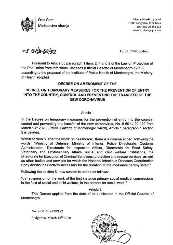 Decree on amendment of the Decree on temporary measures for the prevention of entry into the country, control and preventing the transfer of the new coronavirus
