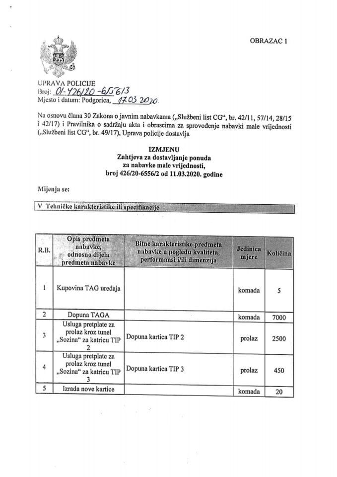 Izmjena Zahtjeva za dostavljanje ponuda za nabavke male vrijednosti br. 426/20-6556/2 od 11.03.2020.