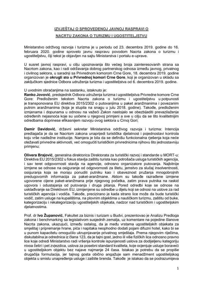 Izvještaj o sprovedenoj javnoj raspravi o Nacrtu zakona o turizmu i ugostiteljstvu