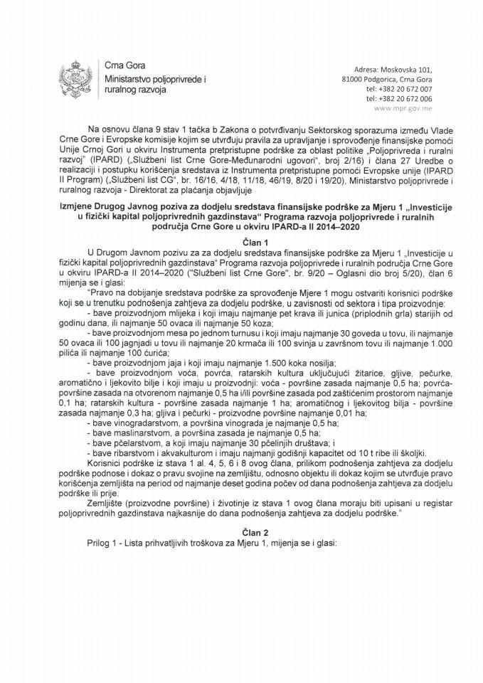 Izmjene drugog javnog poziva za Mjeru 1 