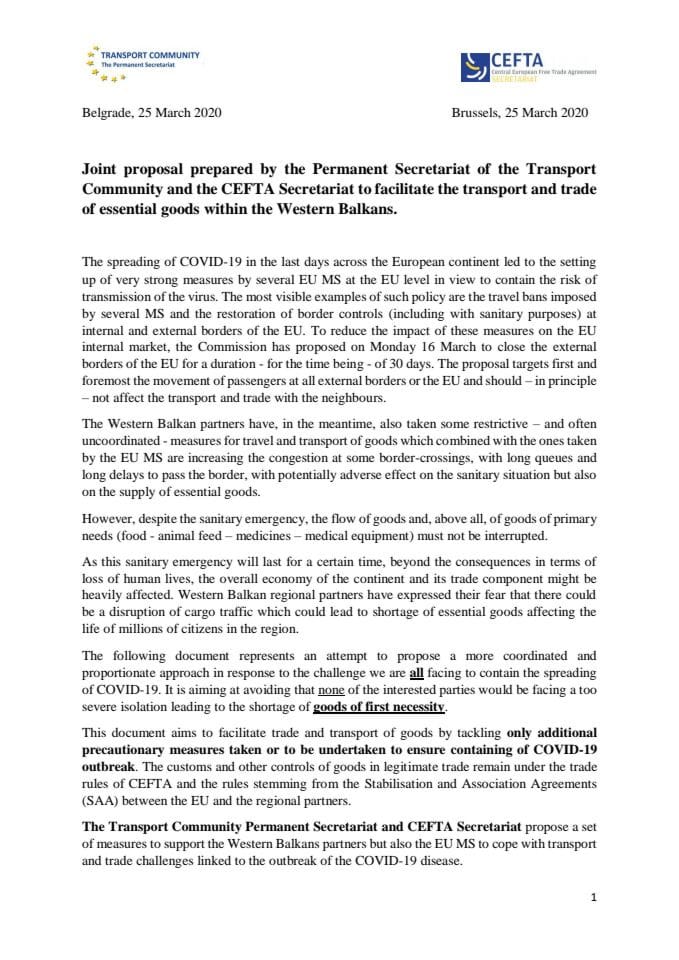 Joint proposal prepared by the Permanent Secretariat of the Transport Community and the CEFTA Secretariat to facilitate the transport and trade of essential goods within the Western Balkans