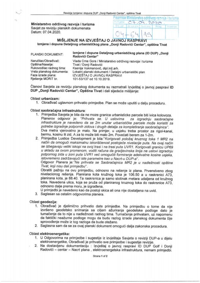 Mišljenje Savjeta na IOJR o Nacrtu ID DUP-a Donji Radovići Centar, Opština Tivat