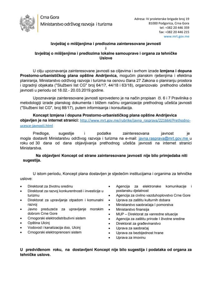 Izvještaj o mišljenjima i predlozima zainteresovane javnosti i Izvještaj o mišljenjima i predlozima lokalne samouprave i organa za tehničke uslove na Koncept Izmjena i dopuna PUP-a Andrijevica