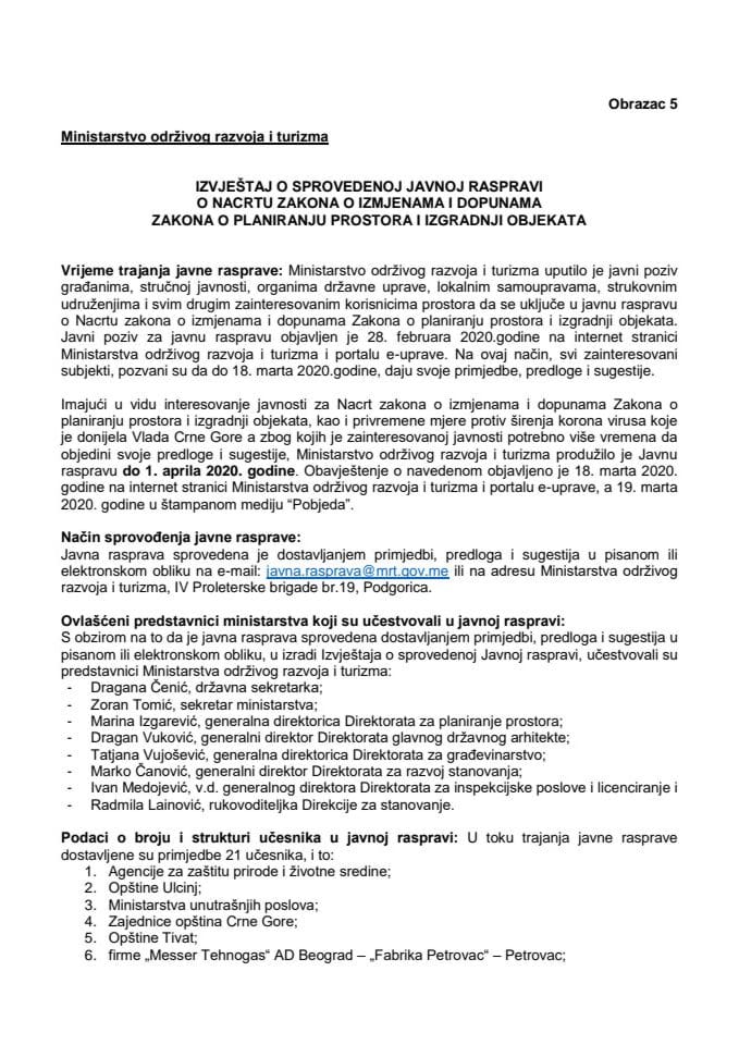 Izvještaj o sprovedenoj javnoj raspravi o Nacrtu zakona o izmjenama i dopunama Zakona o planiranju prostora i izgradnji objekata
