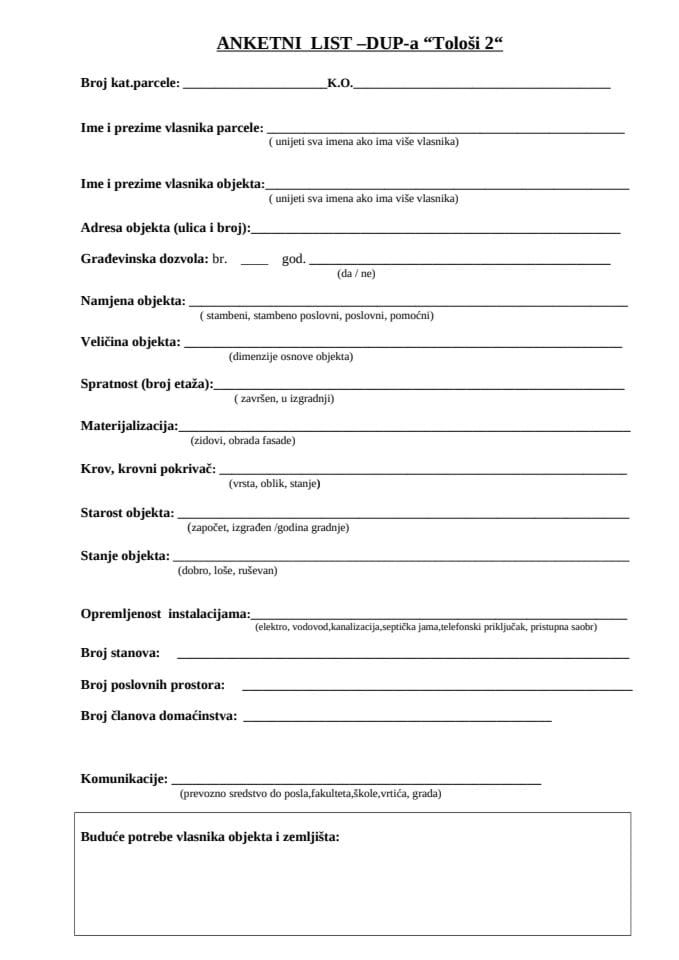 ANKETNI  LIST  za Dup Tolosi 2