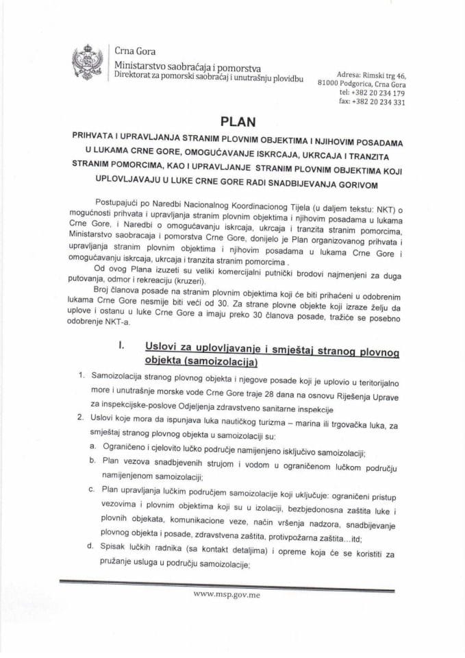 Plan prihvata i upravljanja stranim plovnim objektima i njihovim posadama u lukama Crne Gore