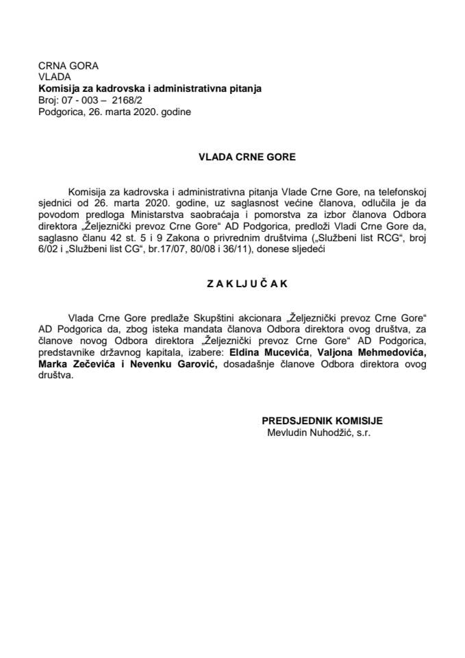 Predlog zaključka o izboru članova Odbora direktora “Željeznički prevoz Crne Gore” AD Podgorica