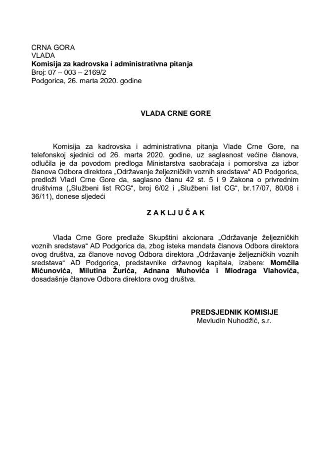 Предлог закључка о избору чланова Одбора директора „Одржавање жељезничких возних средстава“ АД Подгорица