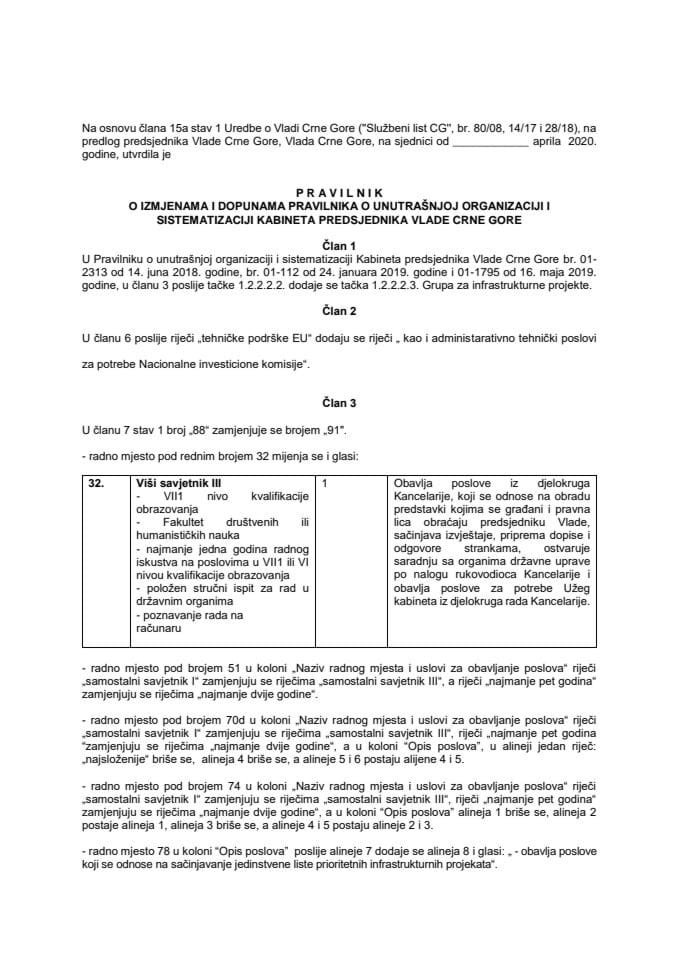 Predlog pravilnika o izmjenama i dopunama Pravilnika o unutrašnjoj organizaciji i sistematizaciji Kabineta predsjednika Vlade Crne Gore