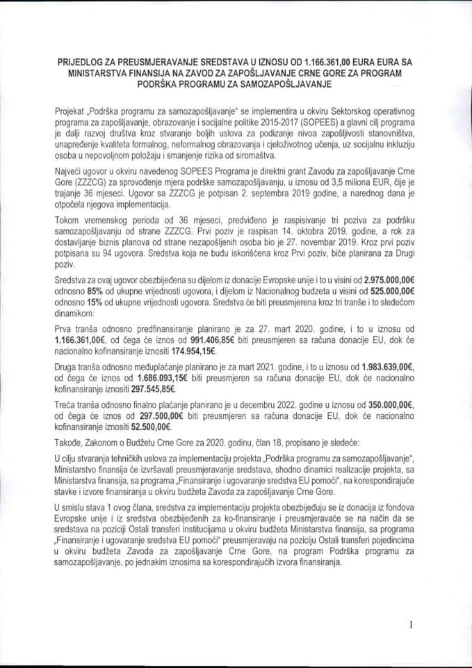 Predlog za preusmjerenje sredstava u iznosu od 1.166.361,00 eura sa Ministarstva finansija na Zavod za zapošljavanje Crne Gore na program Podrška programu za samozapošljavanje