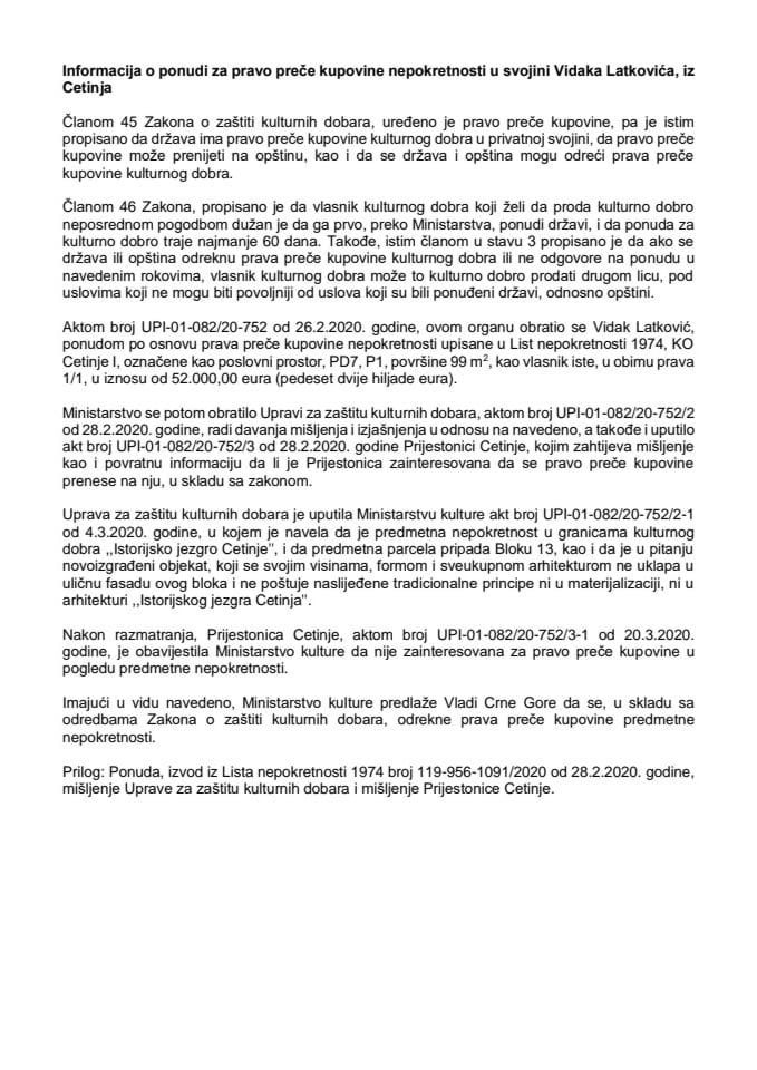 Informacija o ponudi za pravo preče kupovine nepokretnosti u svojini Vidaka Latkovića, iz Cetinja (bez rasprave)