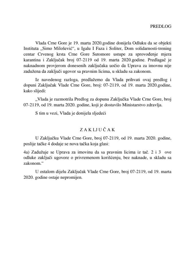 Предлог за допуну Закључка Владе Црне Горе, број: 07-2119, од 19. марта 2020. године