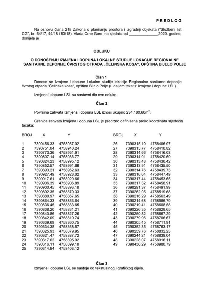 Predlog odluke o donošenju Izmjena i dopuna Lokalne studije lokacije Regionalne sanitarne deponije čvrstog otpada "Čelinska kosa", opština Bijelo Polje
