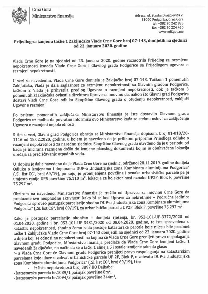 Predlog za izmjenu Zaključaka Vlade Crne Gore, broj: 07-143, od 30. januara 2020. godine, sa sjednice od 23. januara 2020. godine