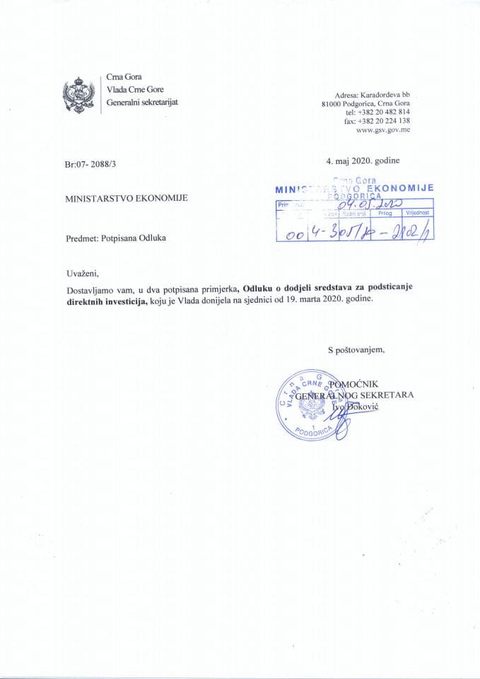 Vlada CG - Odluka o dodjeli sredstava Mi-Rai Inzenjering