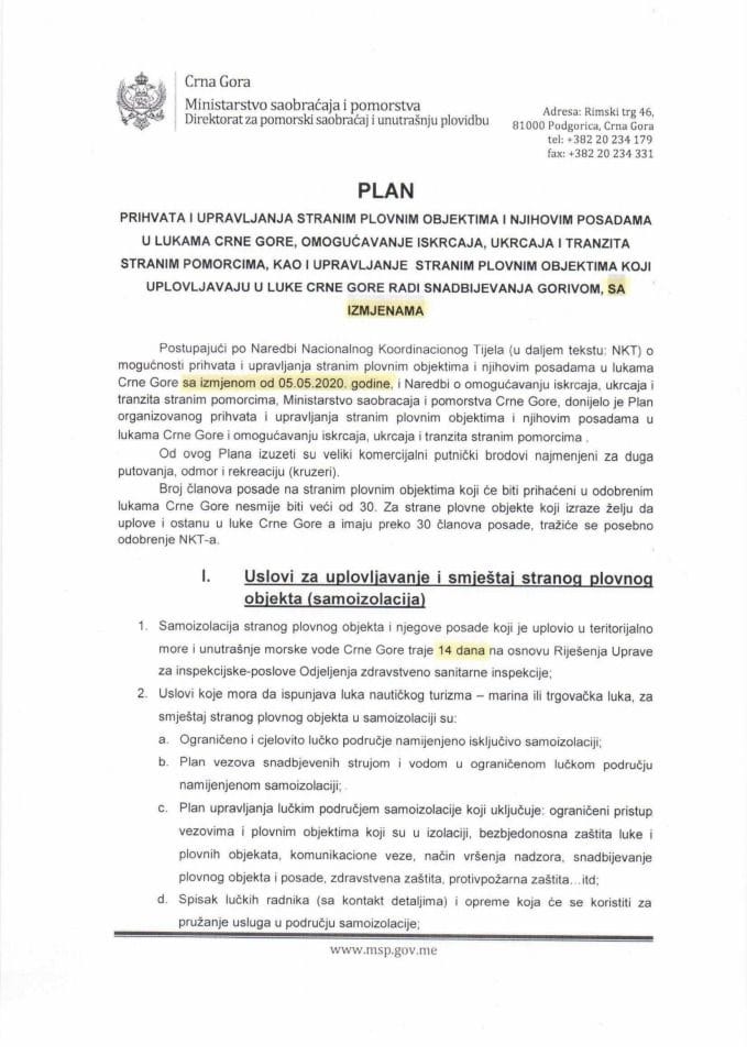 Plan prihvata i upravljanja stranim plovnim objektima i njihovim posadama u lukama Crne Gore sa izmjenama