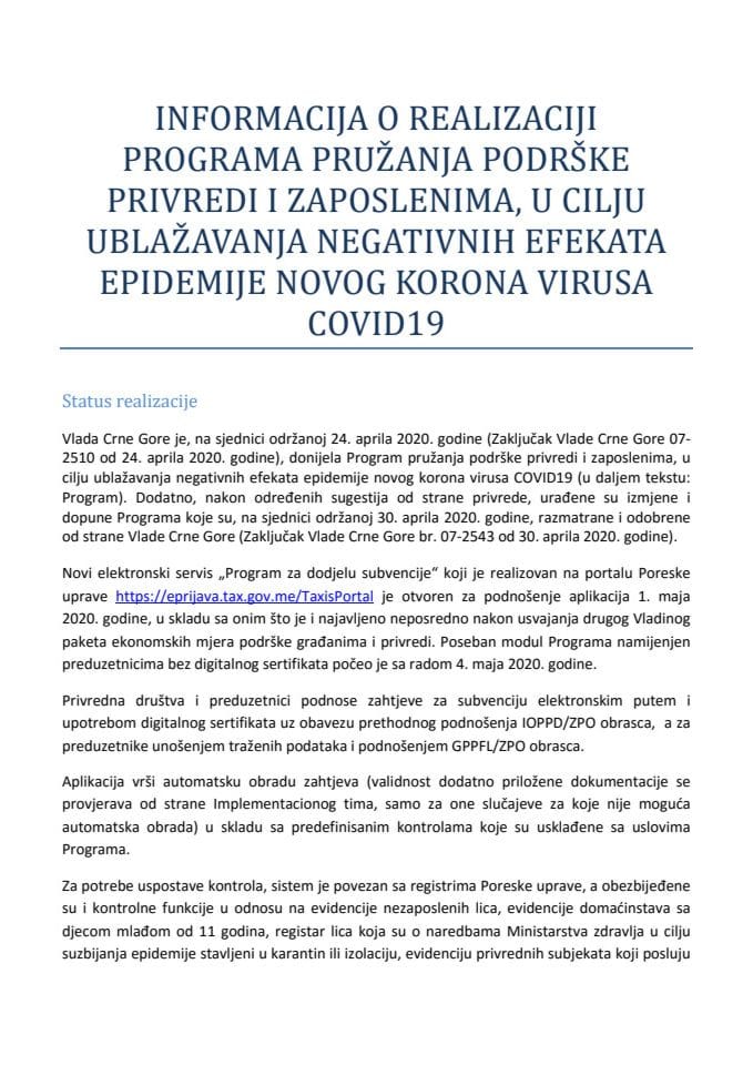 Informacija o realizaciji Programa pružanja podrške privredi i zaposlenima, u cilju ublažavanja negativnih efekata epidemije novog korona virusa COVID19