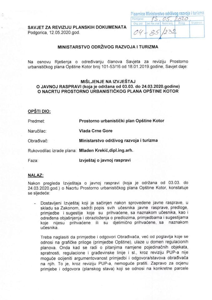 Mišljenje Savjeta na Izvještaj o ponovnoj javnoj raspravi o Nacrtu PUP-a Opštine Kotor (održanoj od 03.03. do 24.03.2020.godine)