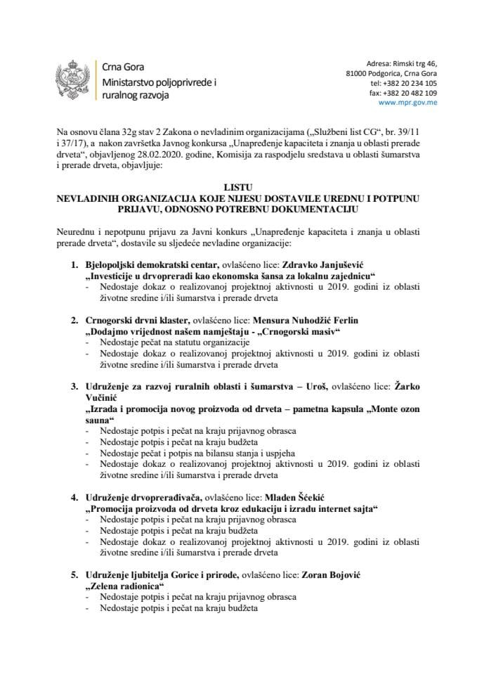 Lista za dopunu dokumentacije Prerada drveta 2020