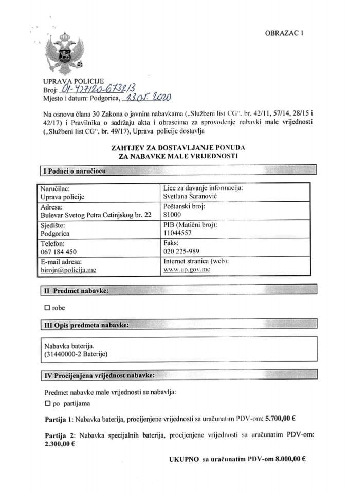 Zahtjev za dostavljanje ponuda za nabavke male vrijednosti broj 01-42720-67323 od 13.5.2020.