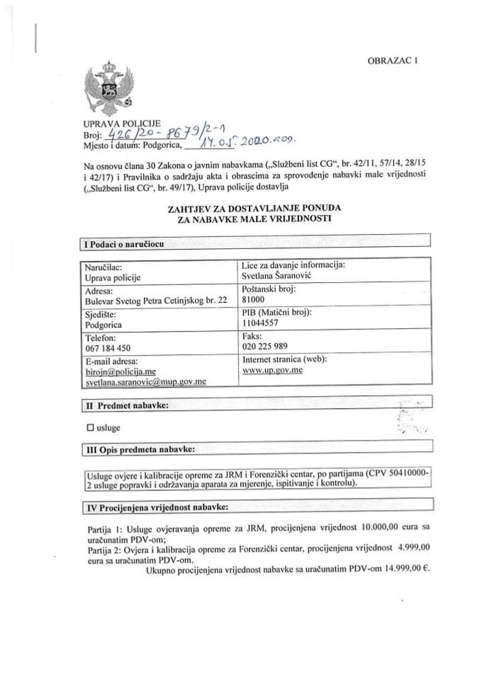 Zahtjev za dostavljanje ponuda za nabavke male vrijednosti broj 42620-86792-1 od 14.5.2020.